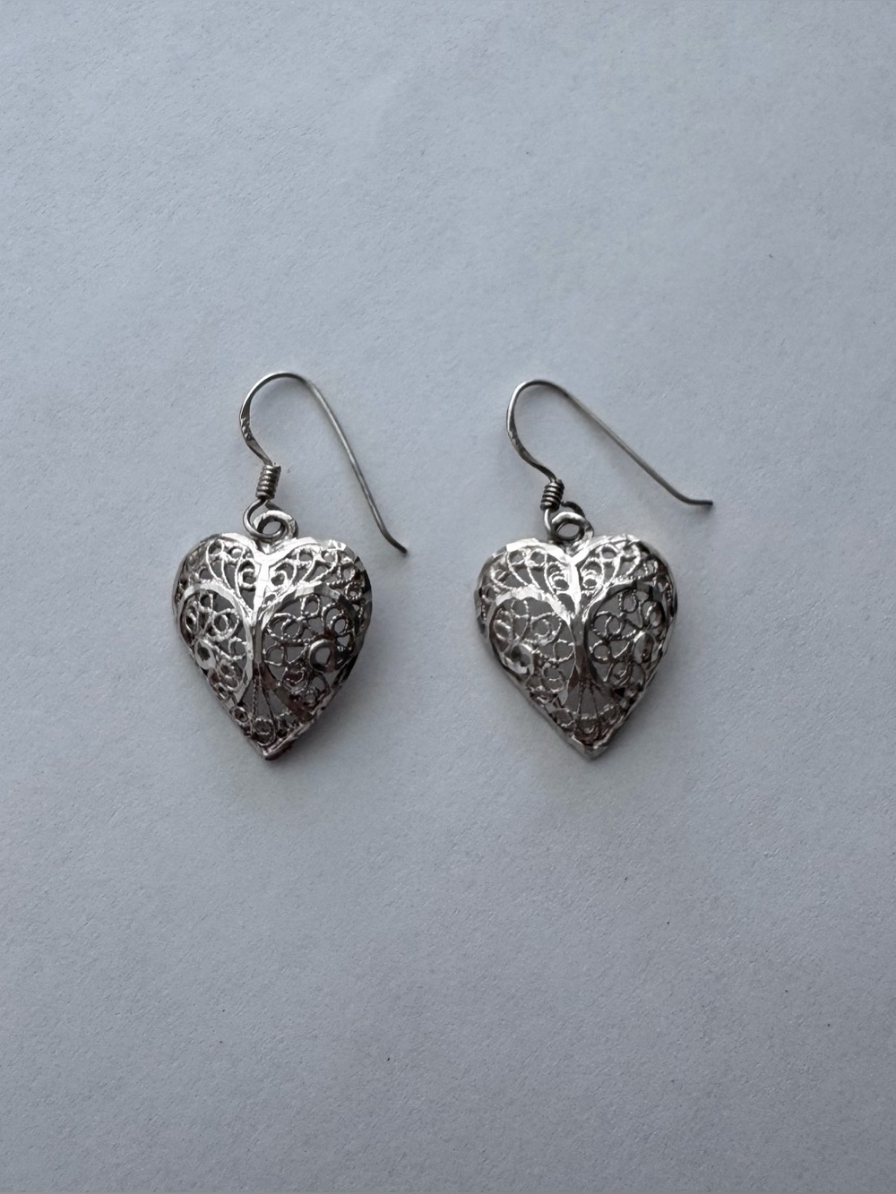 Vintage Sterling Silver Heart Filigree Drop Earrings